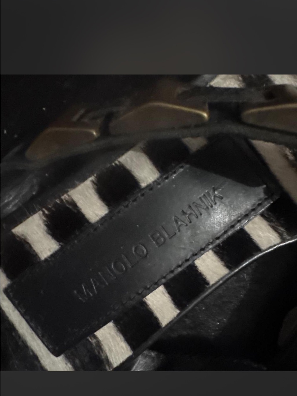 Manolo Blahnik Black and White Striped Leather Sandals with Chain Accent
